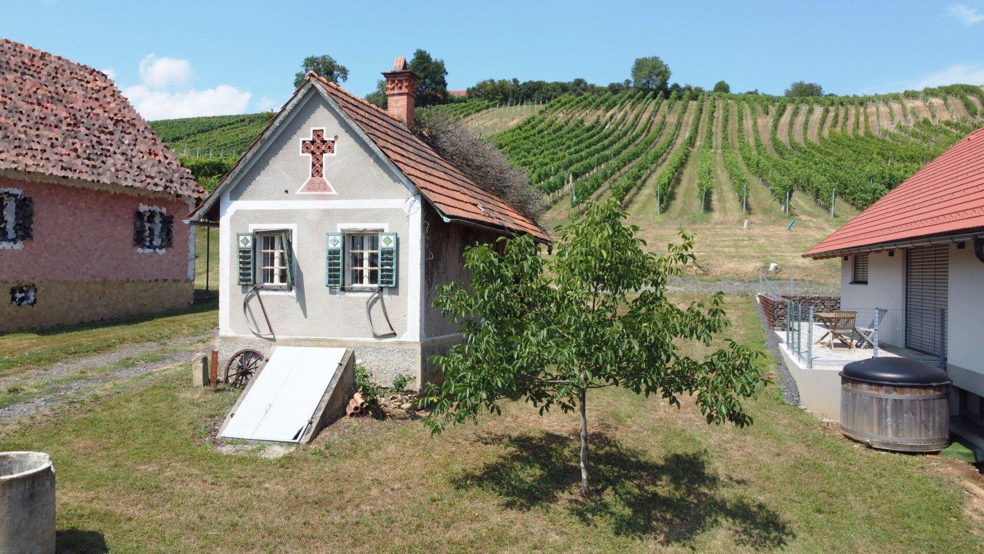 Traditionelles kleines Haus mit grünen Fensterläden und einem Kreuzmotiv, umgeben von Weinbergen.