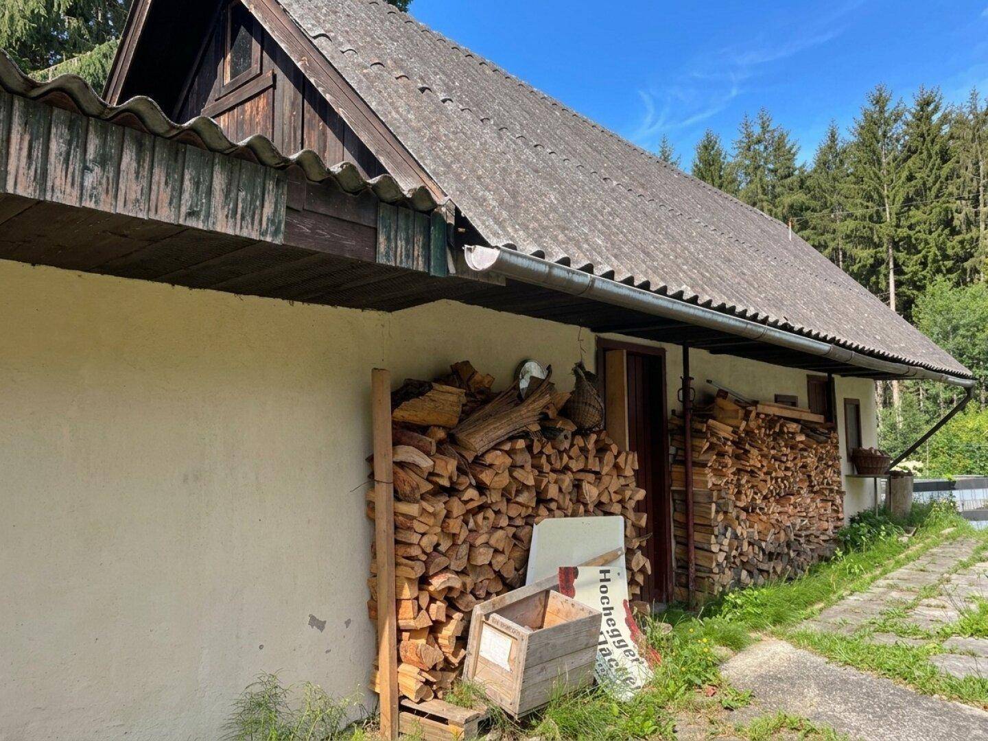 Seitenansicht des Hauses mit Holzstapel und altem Dach, umgeben von Bäumen.