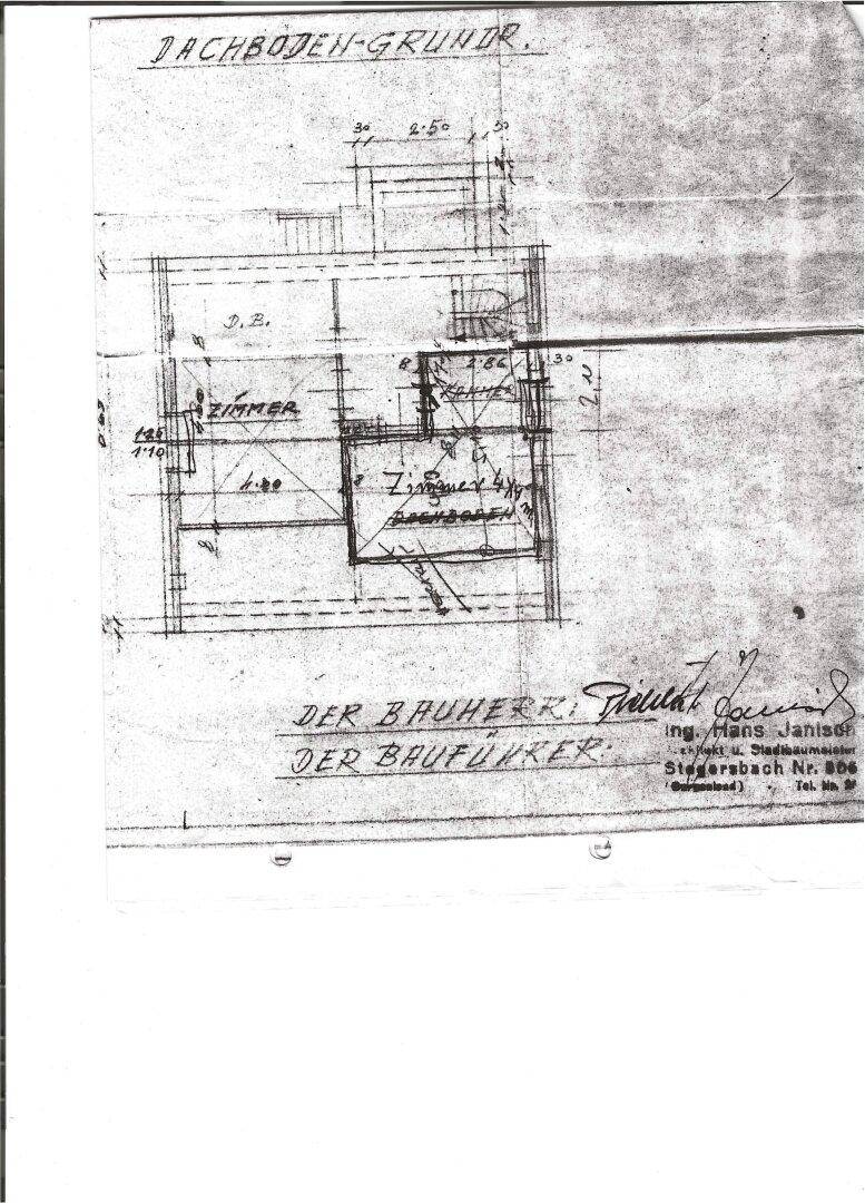 Handgezeichneter Grundriss des Dachbodens mit Zimmer und sichtbarer Dachschräge.
