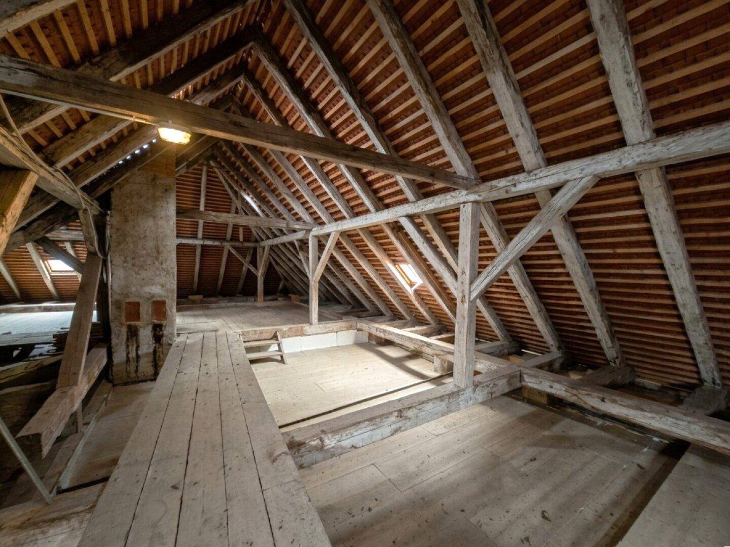 Weitläufiger Dachboden mit sichtbarer Holzkonstruktion und Dachschrägen, ideal für zukünftige Projekte.