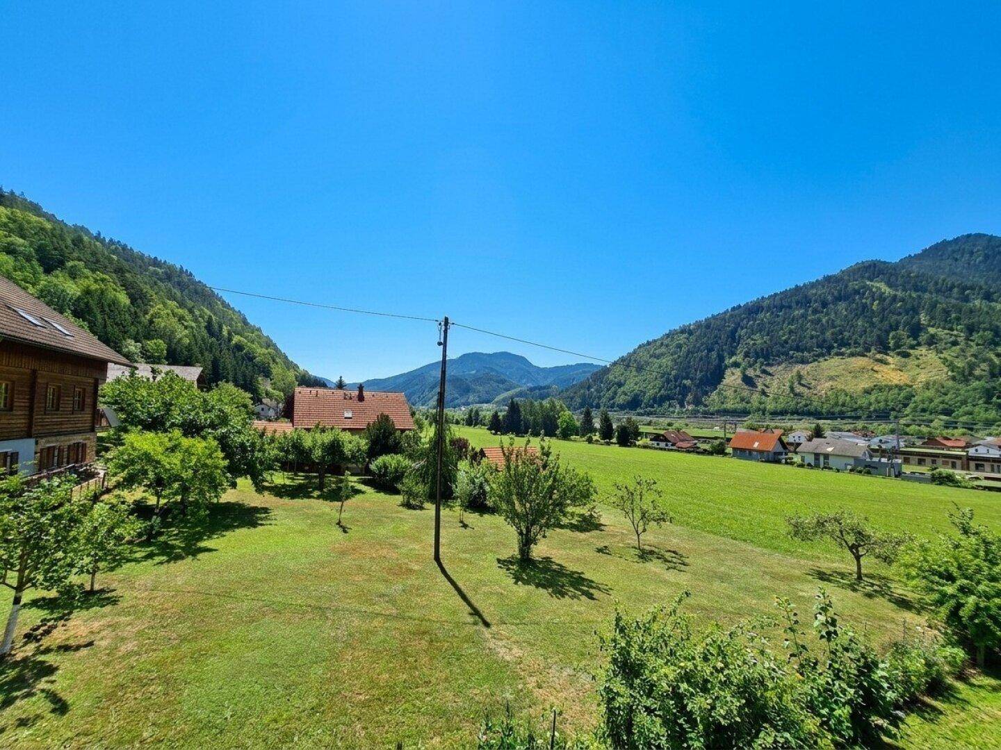 Weitläufiger Blick über ein grünes Tal mit Häusern, Bäumen und Bergen unter strahlend blauem Himmel.