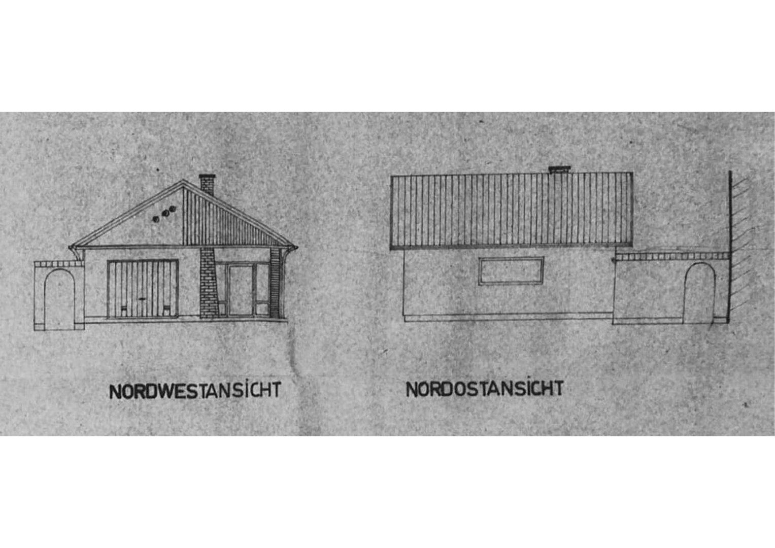 Nordwest- und Nordostansicht des Gebäudes mit Dach und Fenstern.