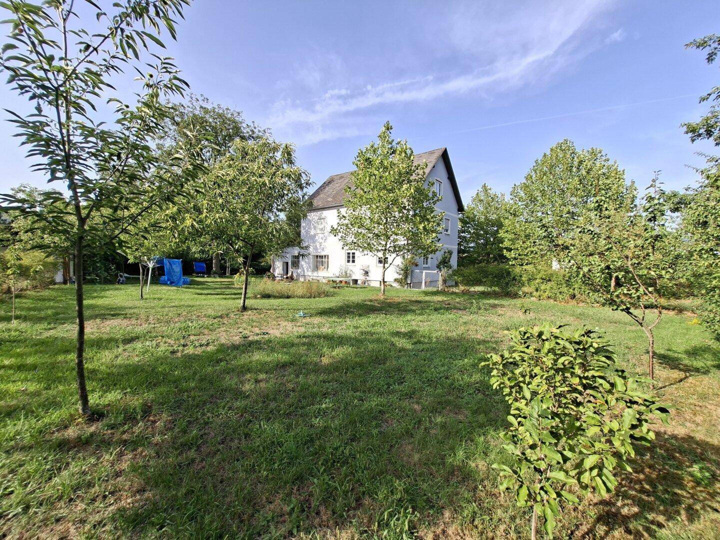Ansicht des weißen Hauses vom weitläufigen Garten aus, umgeben von Bäumen und grüner Rasenfläche.