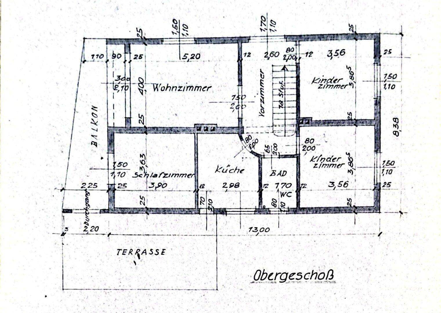 Historischer Grundriss des Obergeschosses mit Wohnzimmer, Schlafzimmer und Kinderzimmern.