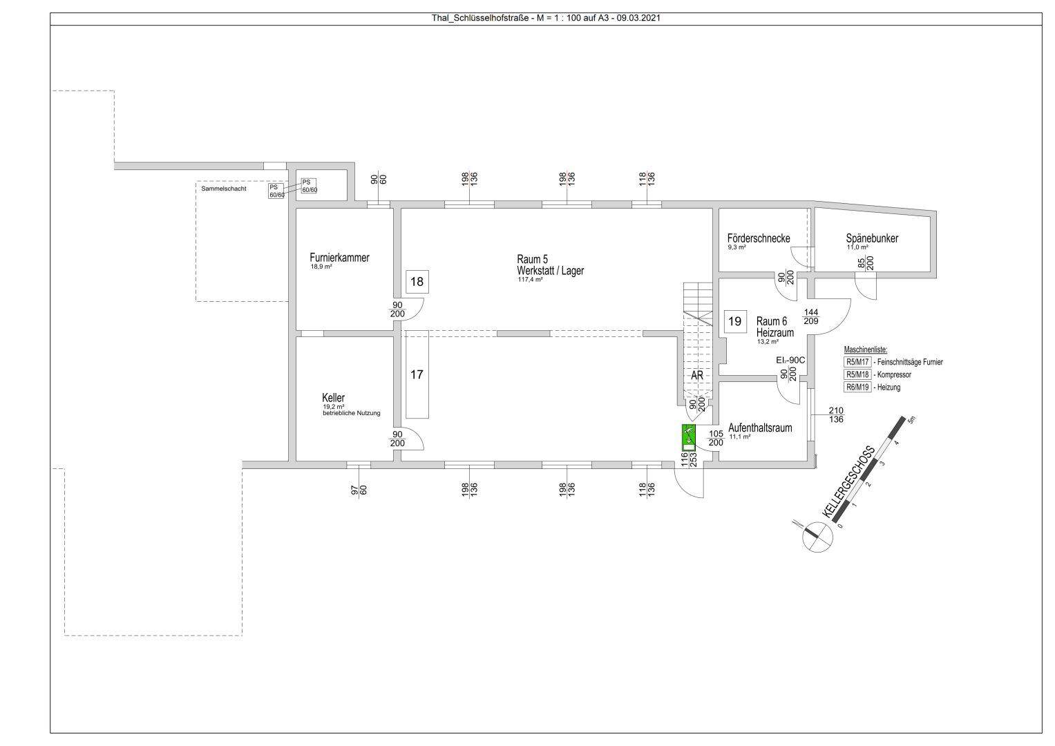 Grundriss des Kellergeschosses mit Werkstatt, Lager und Aufenthaltsraum.