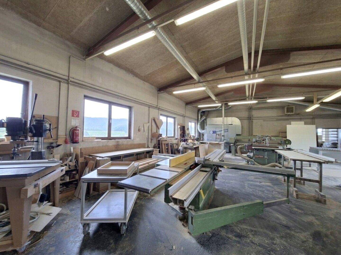 Große Werkstatt mit verschiedenen Holzbearbeitungsmaschinen und Fenstern mit Blick ins Grüne.
