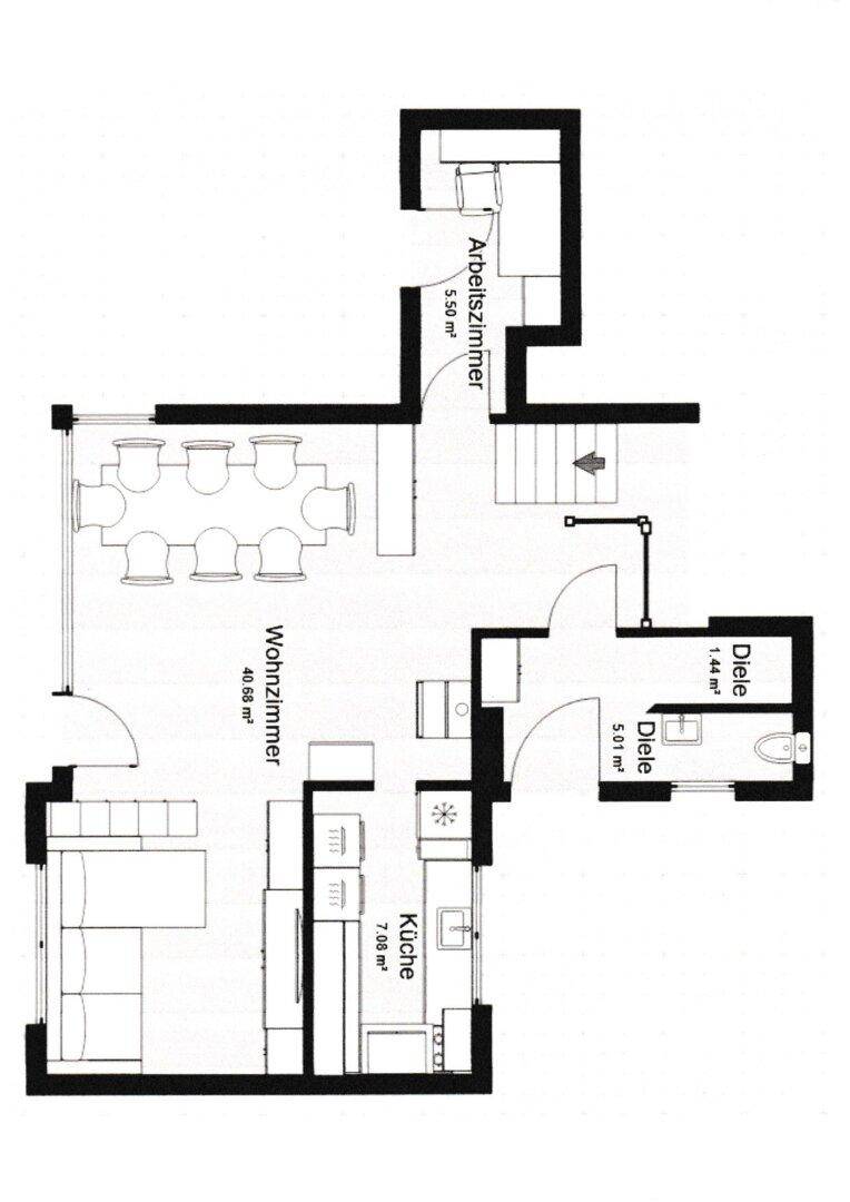 Grundriss des Erdgeschosses mit Wohnzimmer, Küche, Arbeitszimmer und Diele.