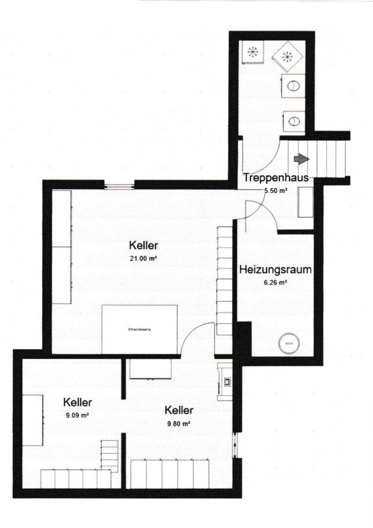 Grundriss des Kellergeschosses mit mehreren Abstellräumen, Heizungsraum und Treppenhaus.