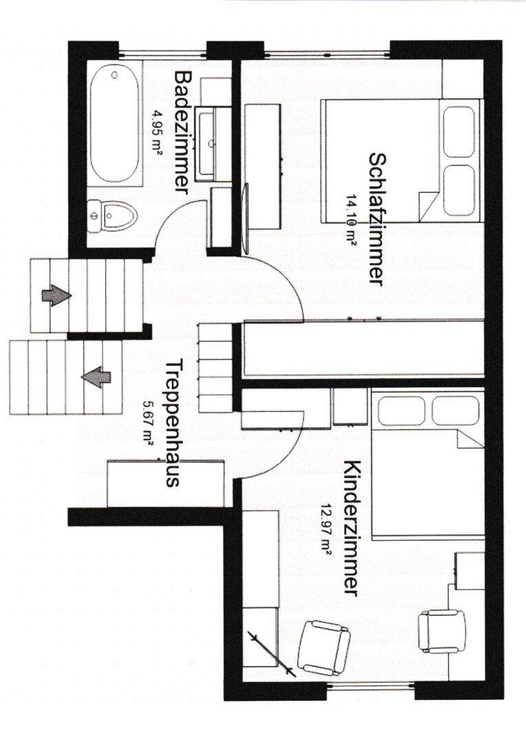 Grundriss des Obergeschosses mit Schlafzimmern, Kinderzimmer und Badezimmer.