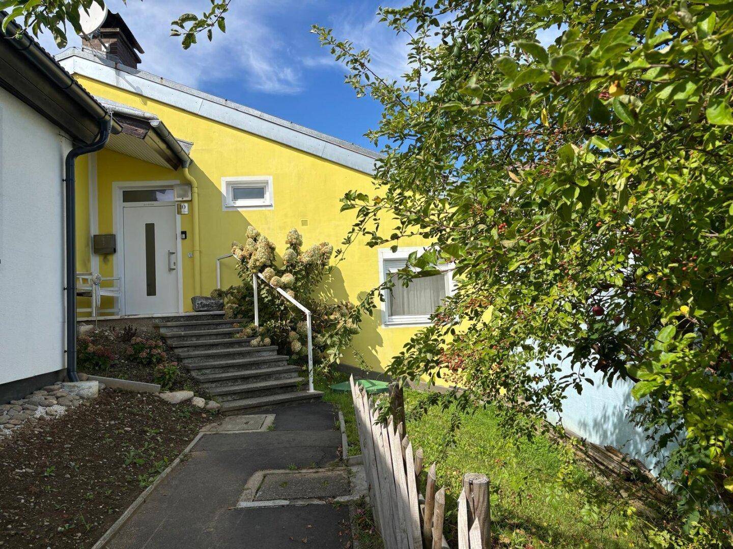 Eingangsbereich des Hauses mit Treppe, weißer Tür und gepflegter Bepflanzung.