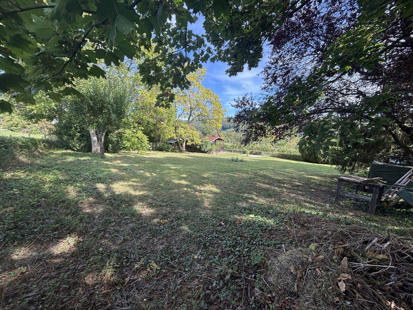 Weitläufige Gartenfläche mit altem Baumbestand und einem kleinen Schuppen im Hintergrund unter blauem Himmel.