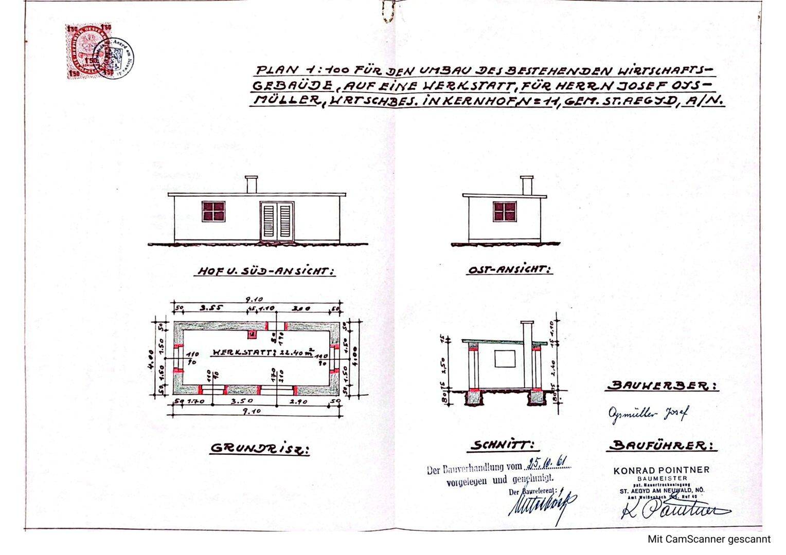 Architektonische Zeichnung eines Wirtschaftsgebäudes mit Grundriss und Ansichten.