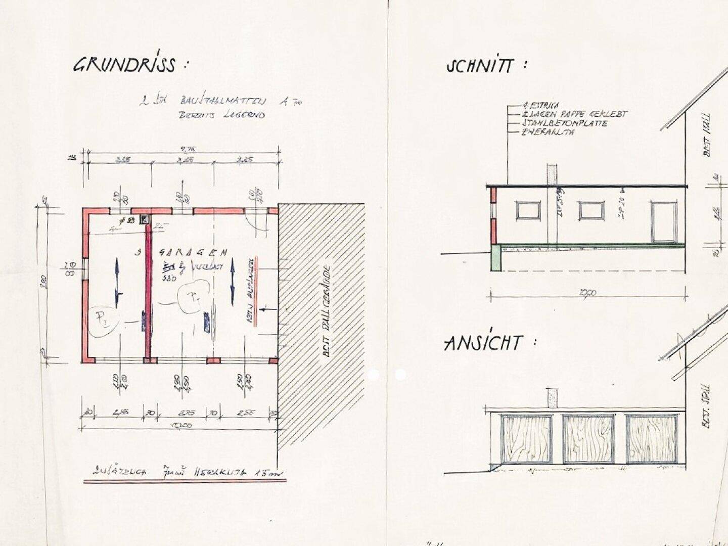 Handgezeichneter Grundriss und Schnitt einer Garage mit zwei Stellplätzen.