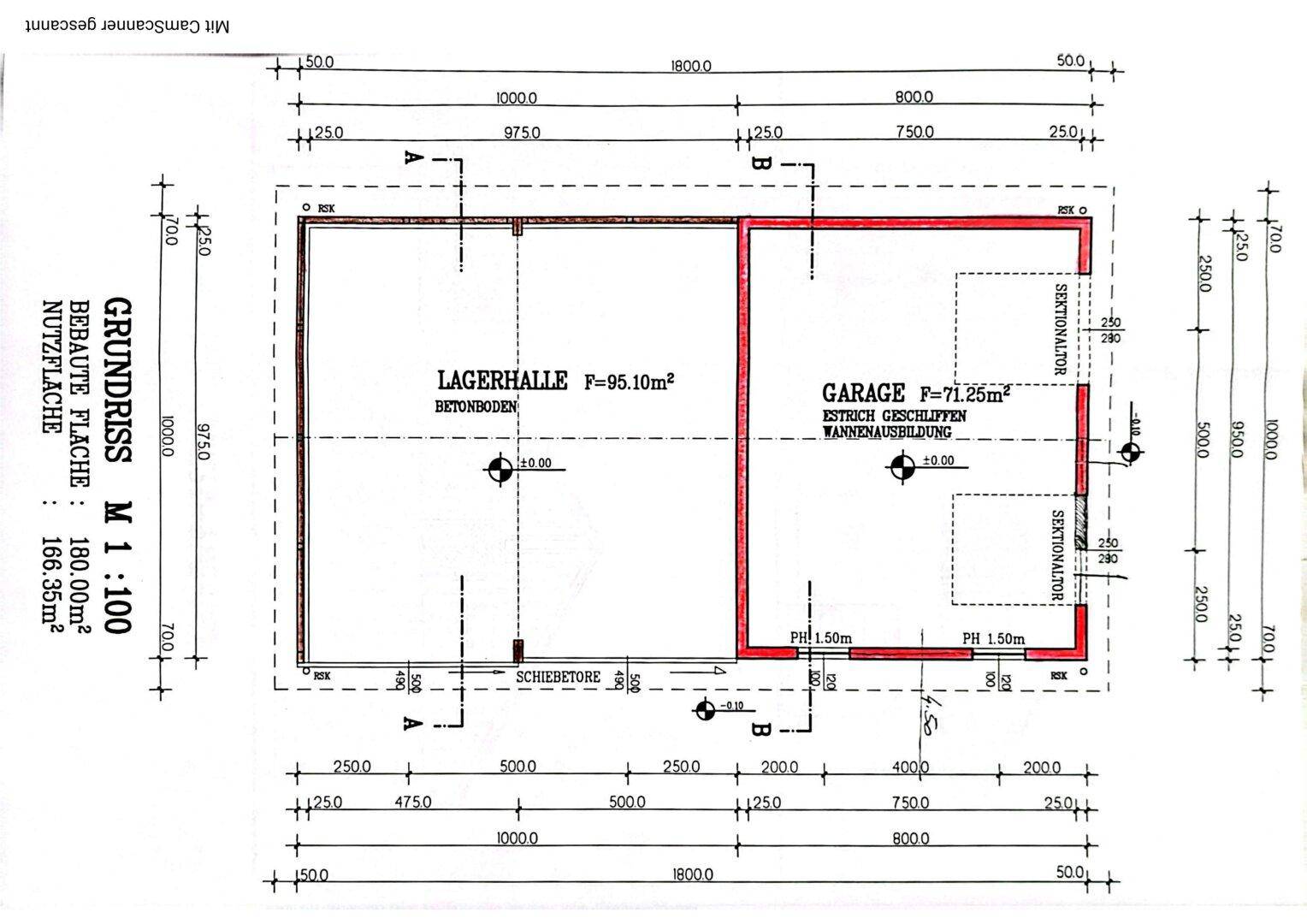 Technischer Grundriss einer Lagerhalle und Garage mit detaillierten Maßen.