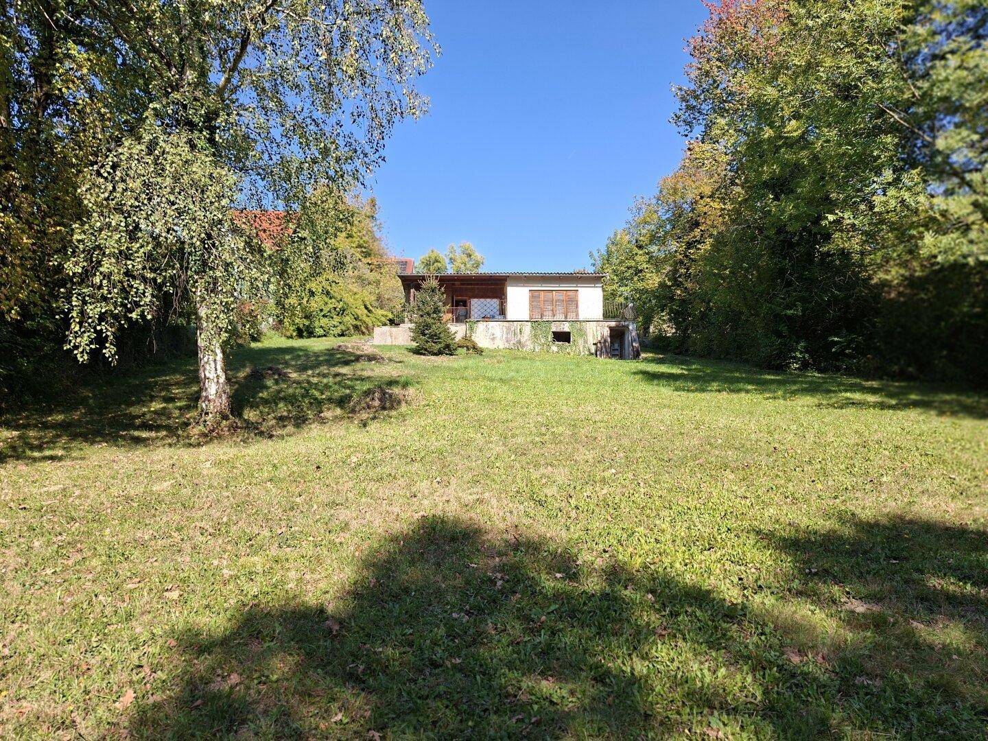 Weitläufige grüne Rasenfläche mit Bäumen und einem Haus im Hintergrund unter blauem Himmel.