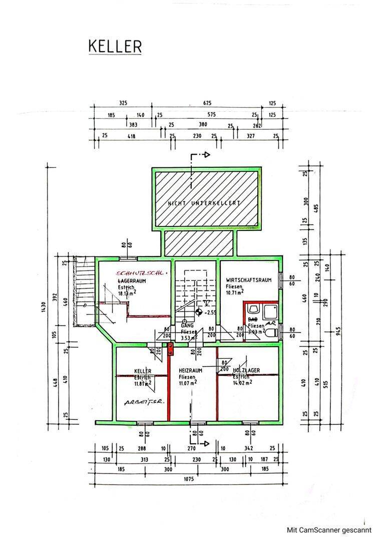 Grundriss des Kellers mit Lagerräumen, Heizraum und Wirtschaftsraum.