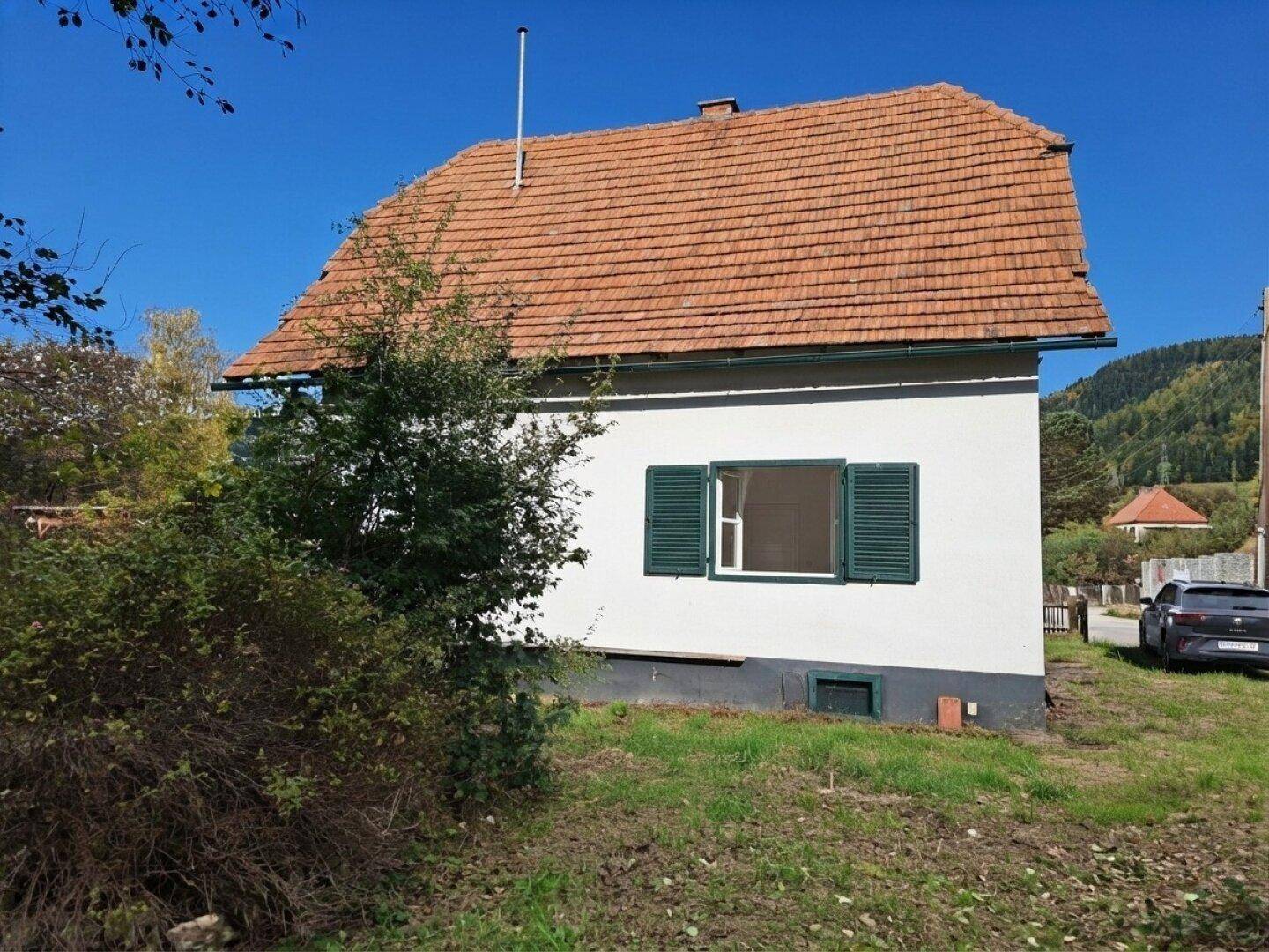 Seitenansicht des Hauses mit grünen Fensterläden und umgebender Vegetation.