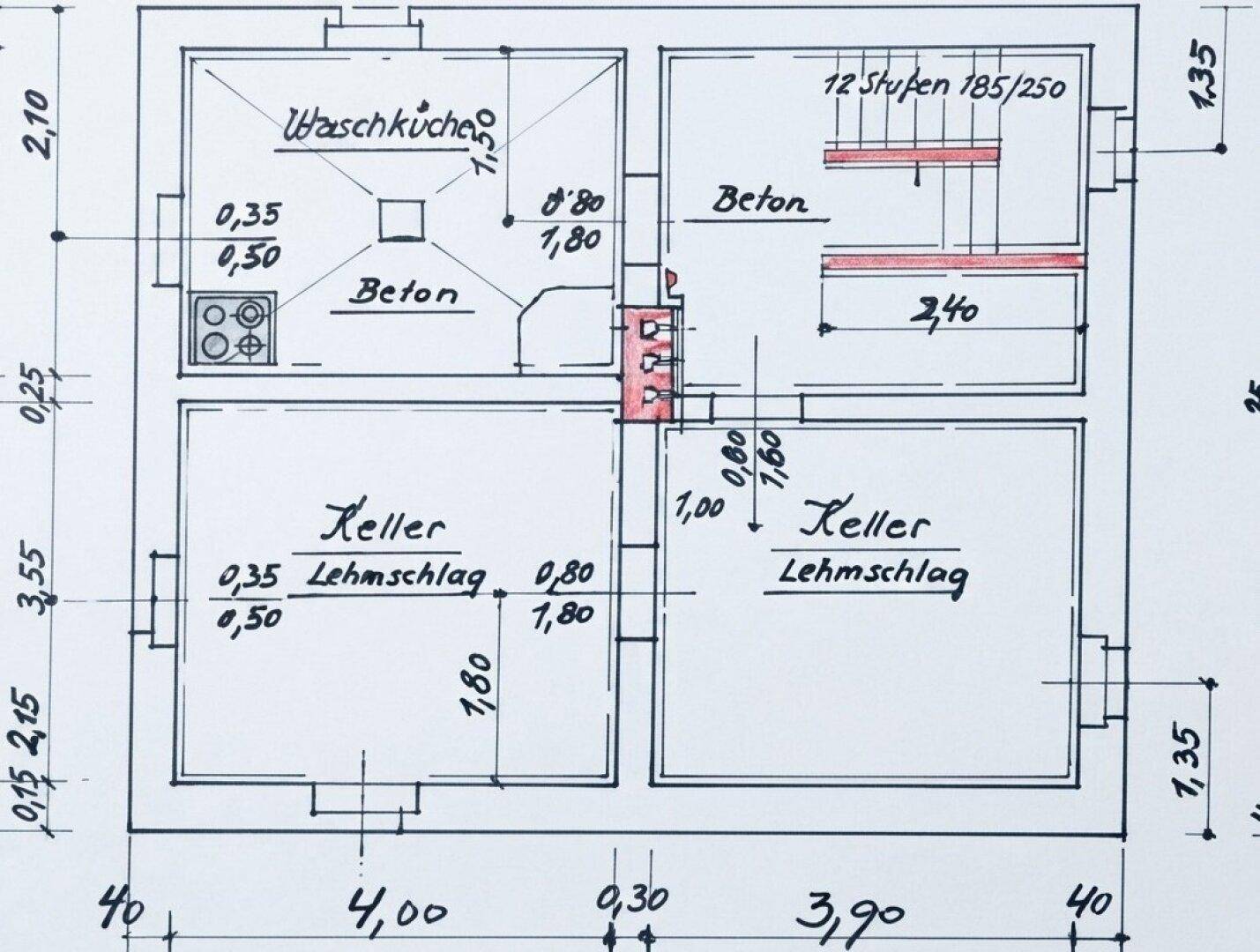 Grundriss des Kellers mit Waschküche und weiteren Kellerräumen.