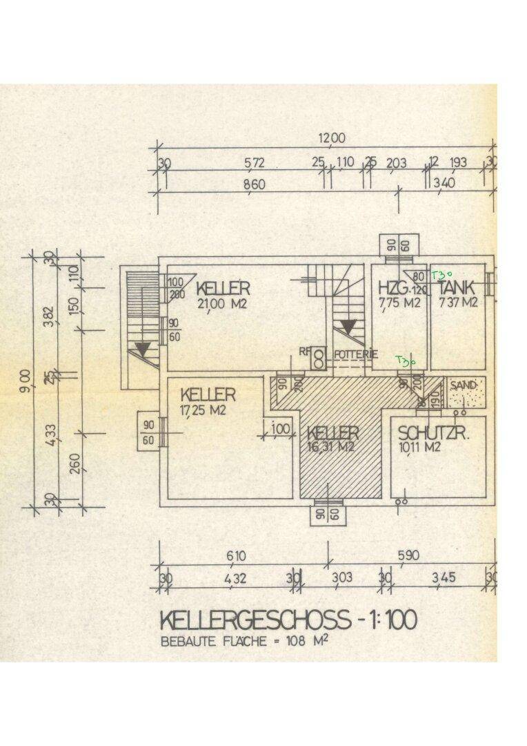 Grundriss des Kellergeschosses mit mehreren Kellerräumen und Heizungsanlage.