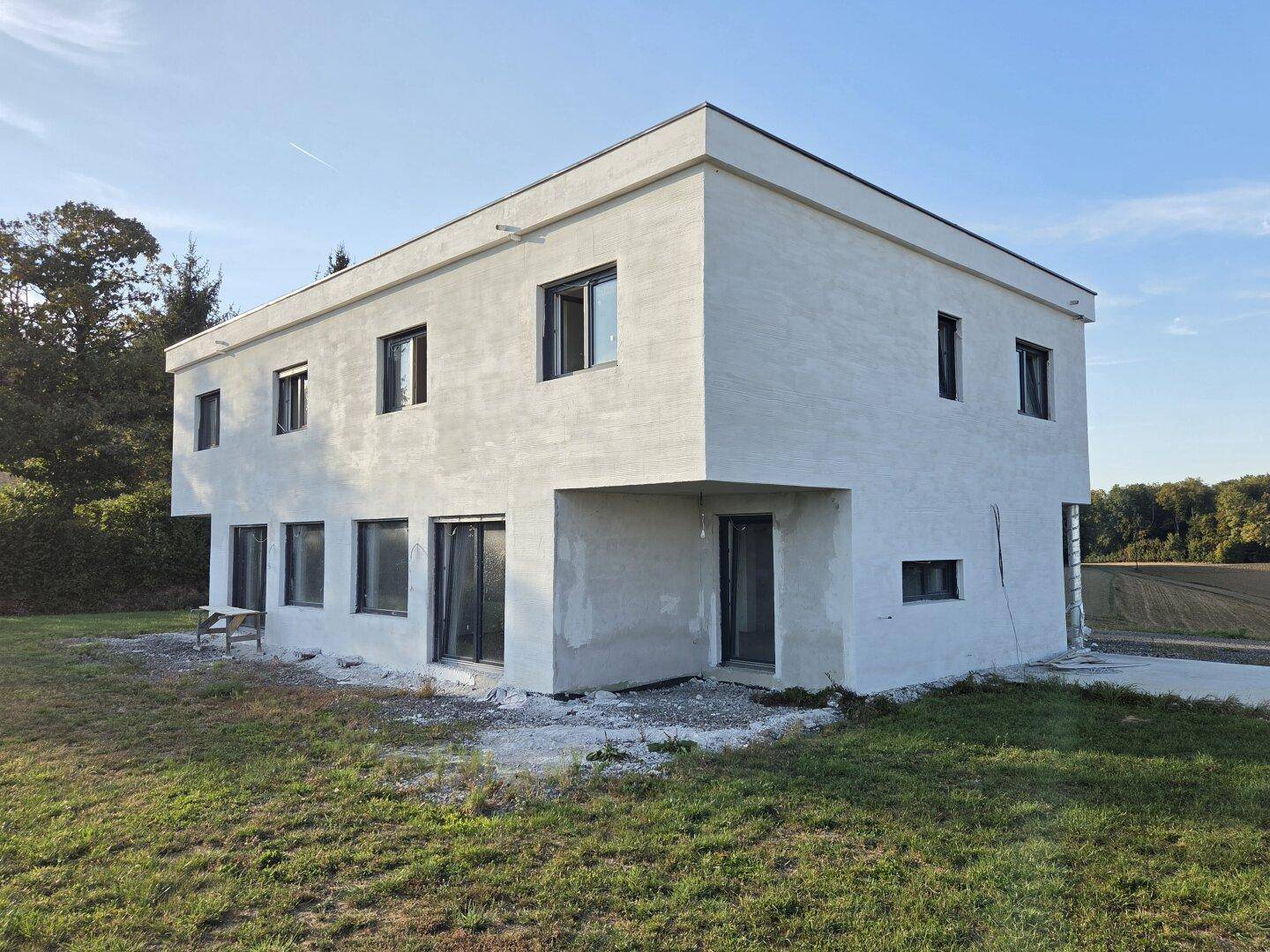 Neubau-Einfamilienhaus mit moderner Architektur und großen Fenstern in ländlicher Umgebung.