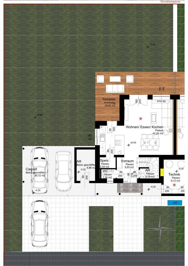 Grundriss des Erdgeschosses mit offenem Wohn-/Ess-/Kochbereich und großer Terrasse.
