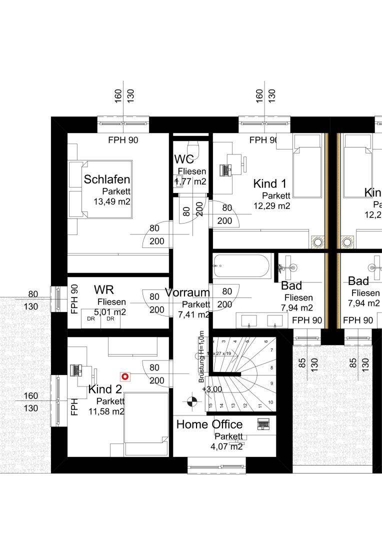Grundriss des Obergeschosses mit drei Schlafzimmern, zwei Bädern und einem Home-Office.