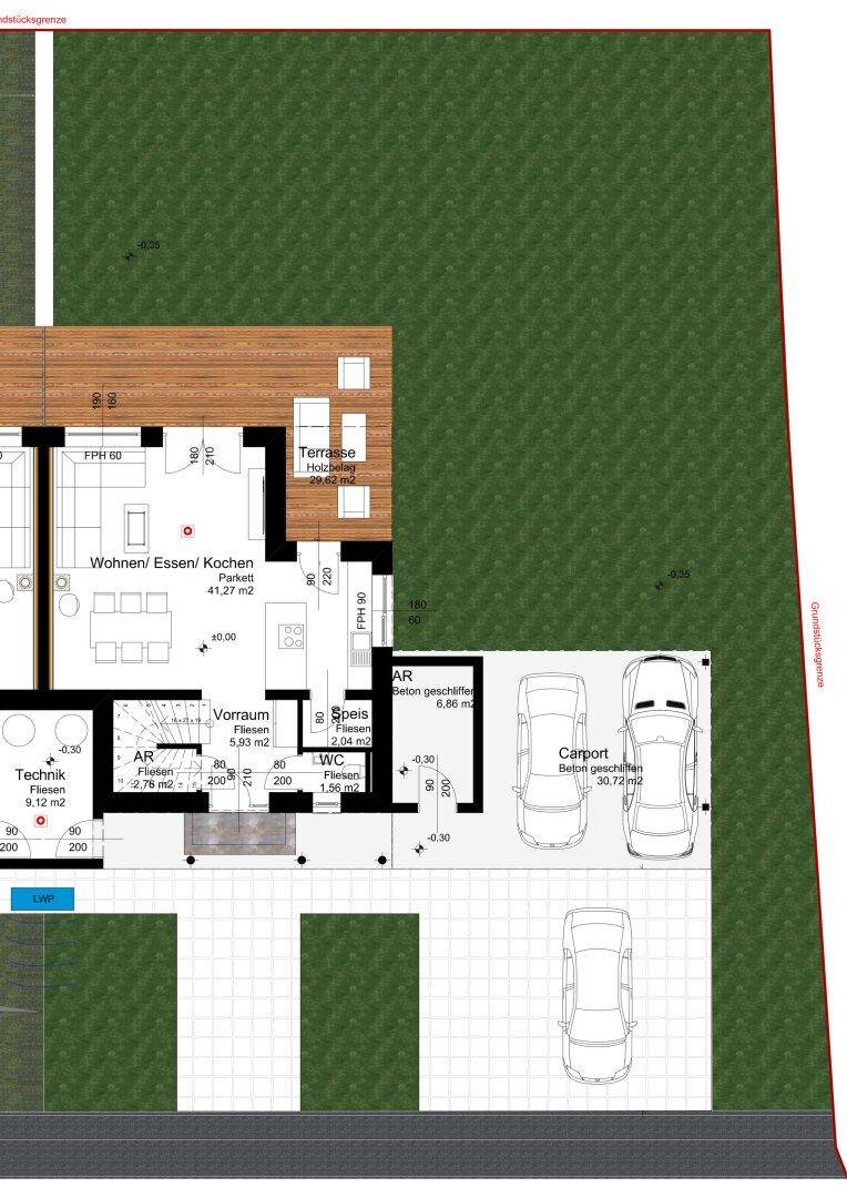 Grundriss des Erdgeschosses mit Wohn-, Ess- und Kochbereich, Terrasse und Carport.