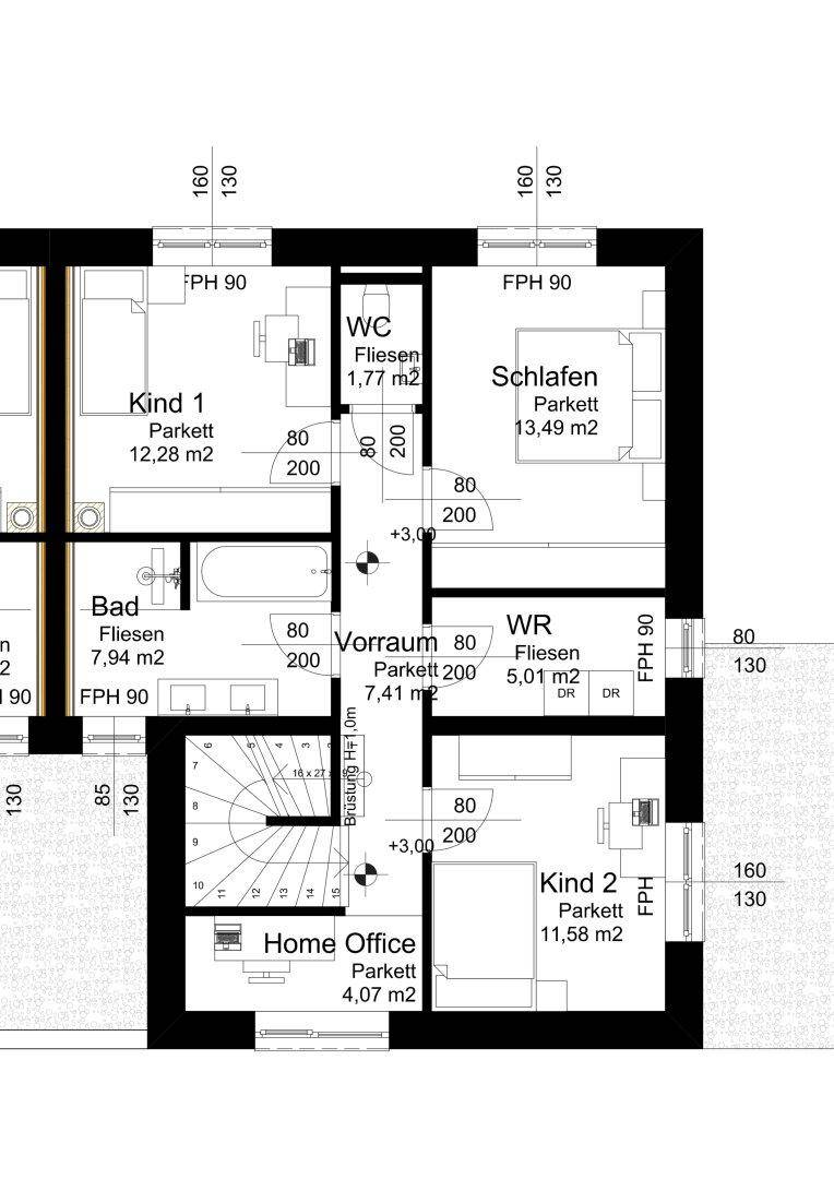 Grundriss des Obergeschosses mit Schlafzimmern, Kinderzimmern, Bad und Home-Office.