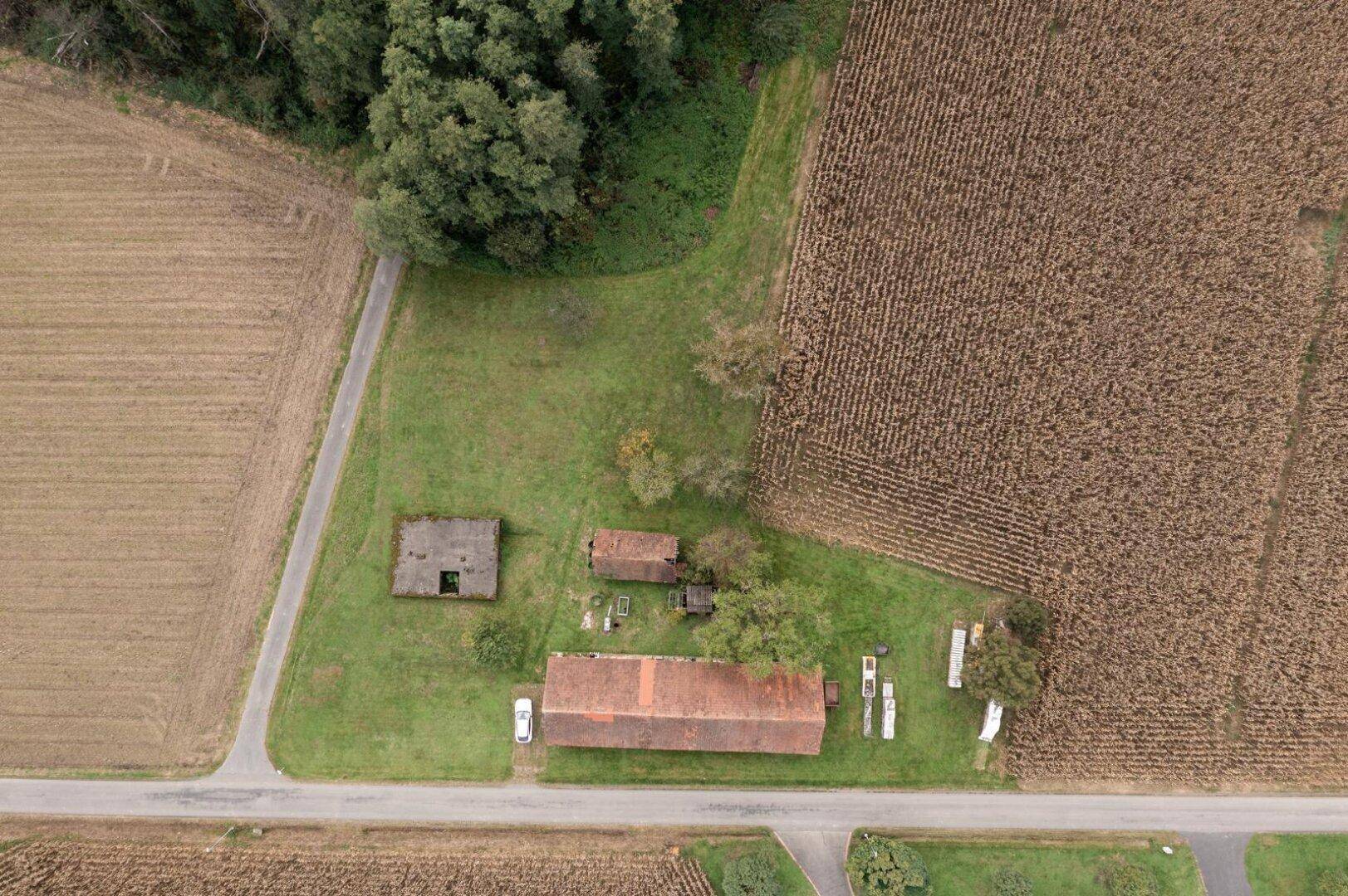 Vertikale Luftaufnahme des Anwesens mit angrenzenden Feldern und Waldstücken in ländlicher Umgebung.
