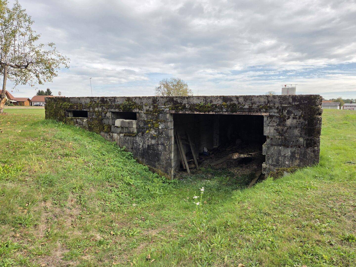 Altes, moosbewachsenes Betongebäude mit offenen Eingängen auf einer grünen Wiese unter bewölktem Himmel.