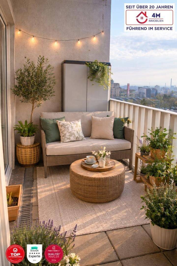 Gemütlicher Balkon mit Rattan-Sofa, Couchtisch und Pflanzen, ideal für entspannte Stunden im Freien.