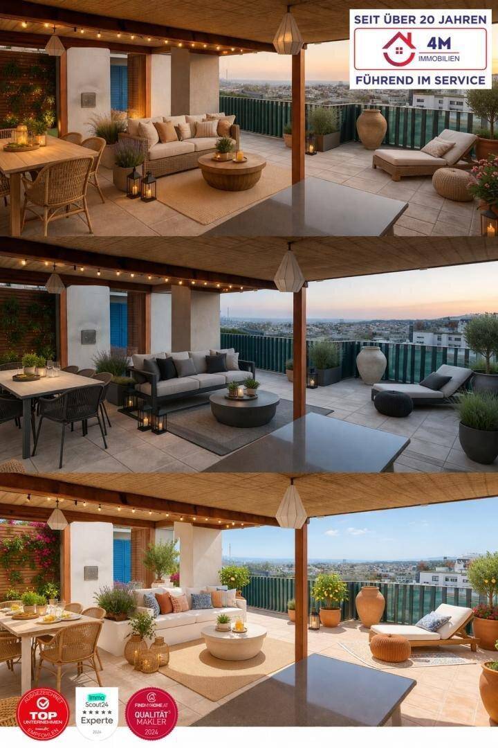 Collage von einer großzügigen Dachterrasse mit verschiedenen Sitzbereichen und Panoramablick über die Stadt.