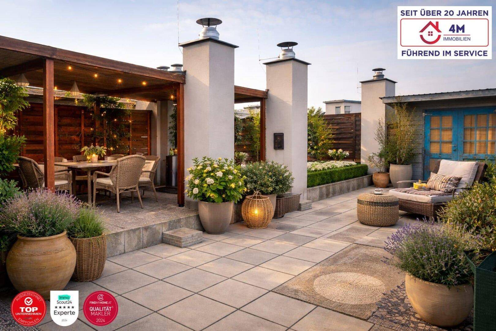 Weitläufige Dachterrasse mit gepflastertem Boden, Pergola und verschiedenen Pflanzenarrangements für Entspannung.