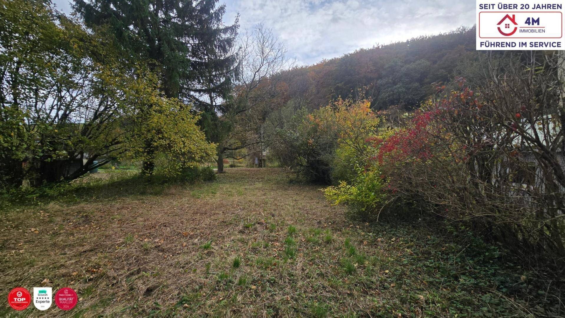 Weitläufiger Garten mit herbstlicher Vegetation und Blick auf bewaldete Hügel.