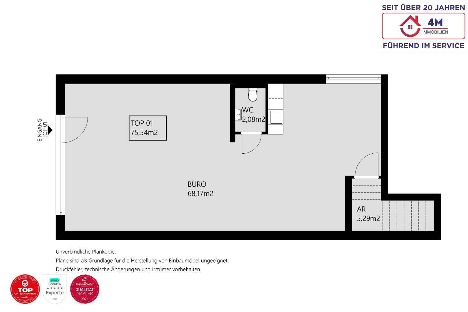 Grundrissplan zeigt ein Büro mit 68,17 m², separatem WC und Abstellraum.