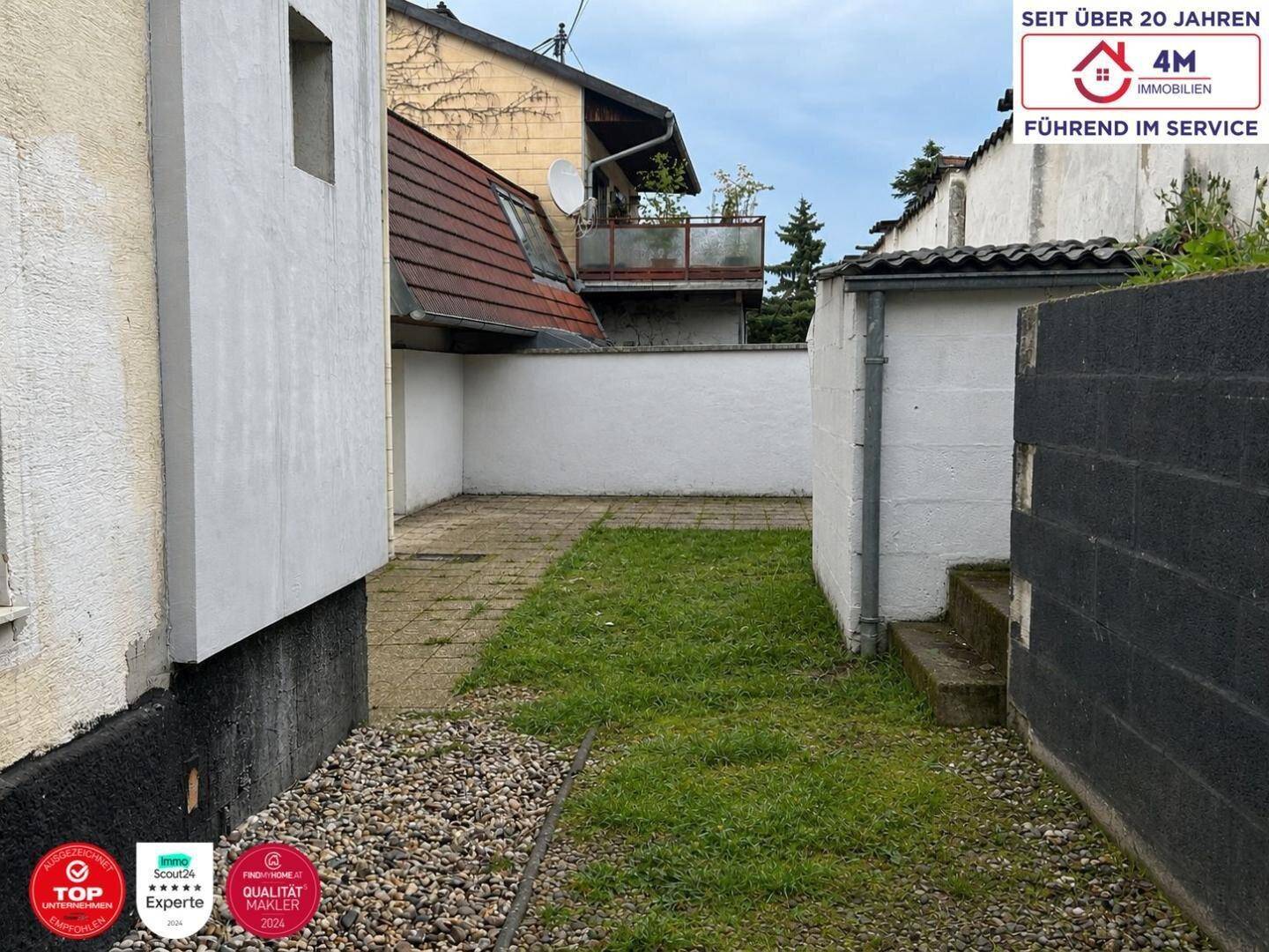 Kleiner Hinterhof mit Rasenfläche und gepflastertem Bereich, umgeben von Mauern.
