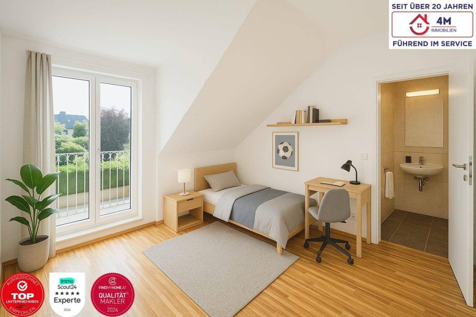 Gemütliches Schlafzimmer im Dachgeschoss mit Holzboden und französischem Balkon.