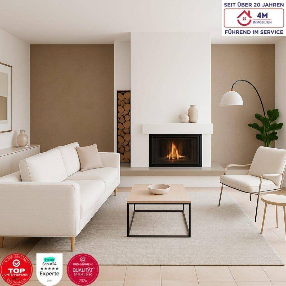 Modernes Wohnzimmer mit Kamin, beigem Sofa und heller Einrichtung.