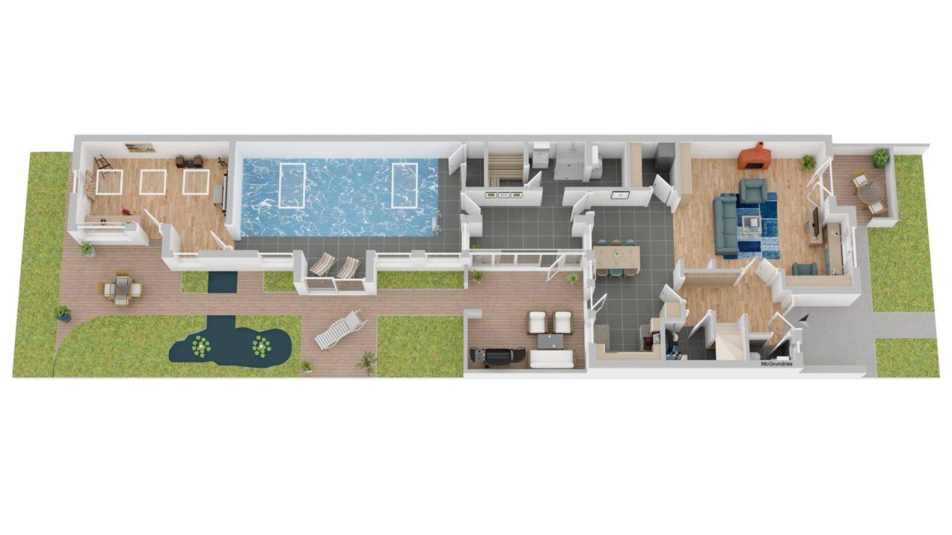 Grundriss des Erdgeschosses mit Pool, Wohnbereichen und Außenterrassen.