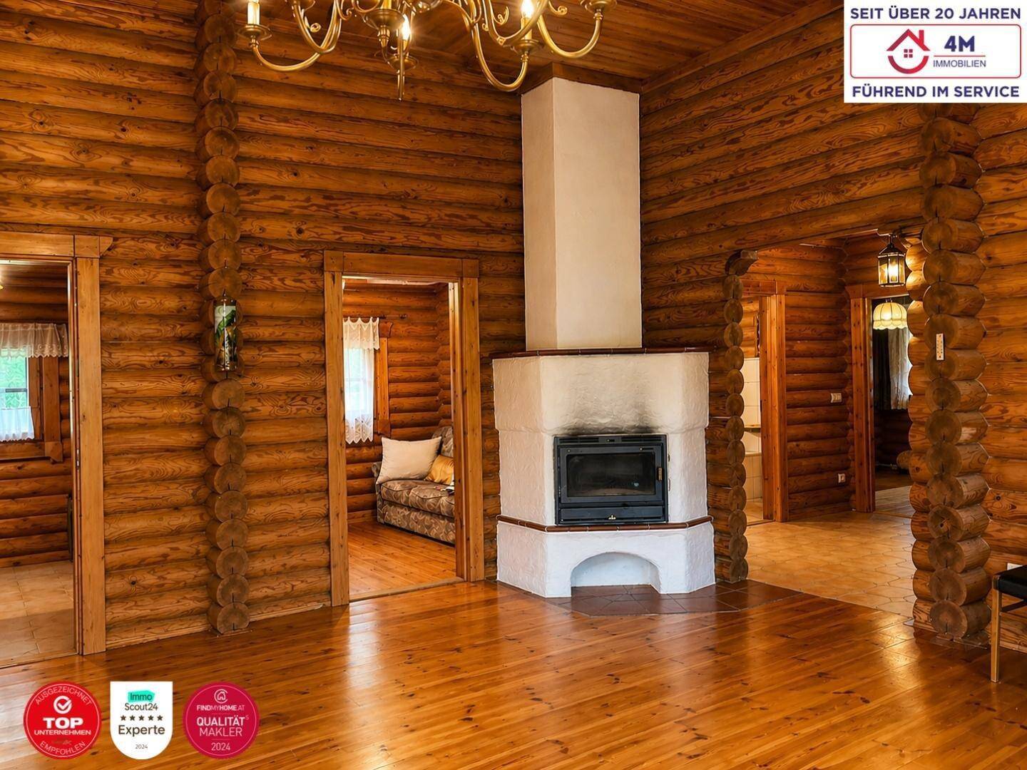 Gemütliches Wohnzimmer im Blockhausstil mit Holzbalkenwänden, Holzboden und einem zentralen Kamin.