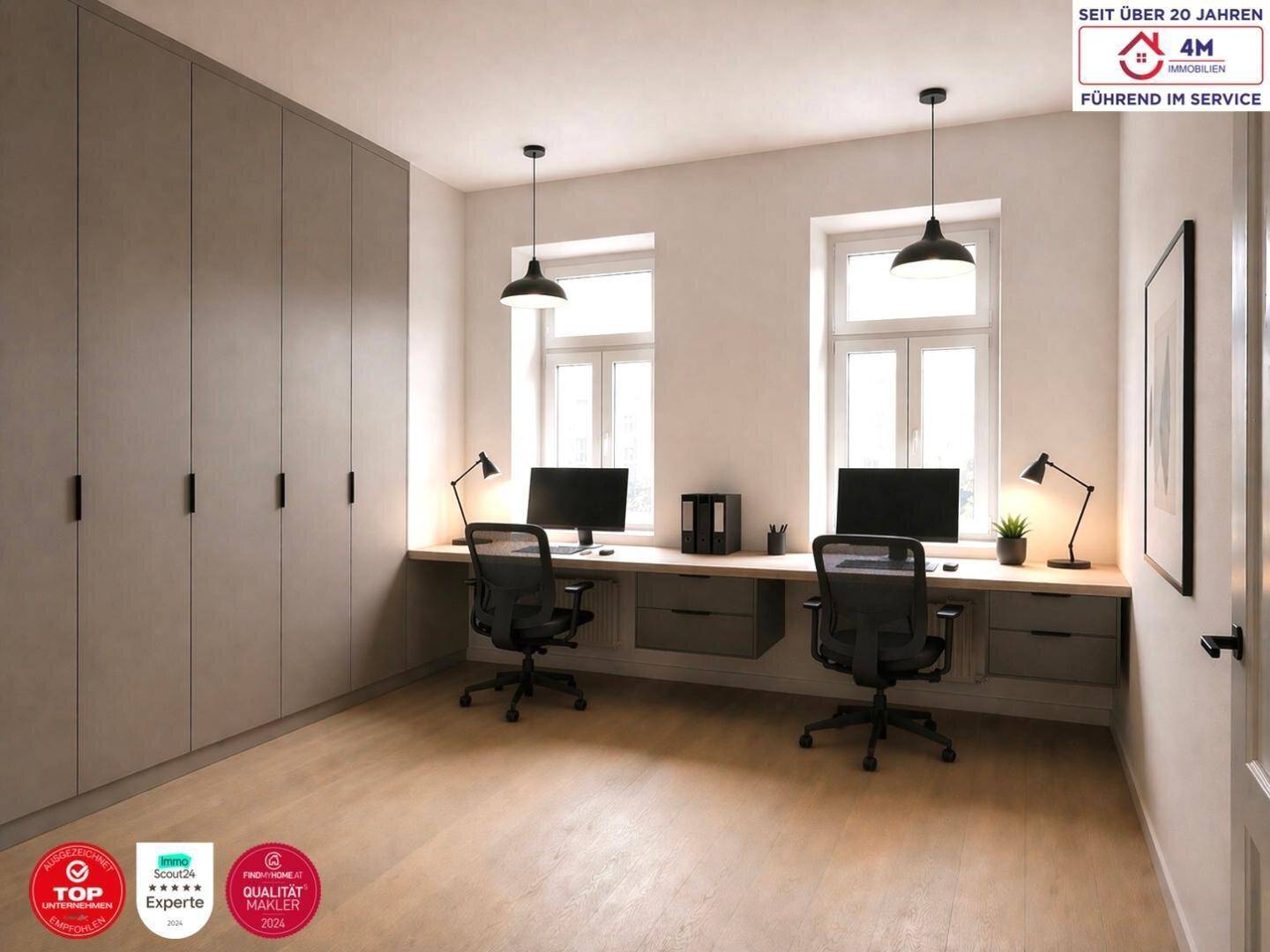 Modernes Heimbüro mit zwei Arbeitsplätzen, Einbauschränken und viel Tageslicht.