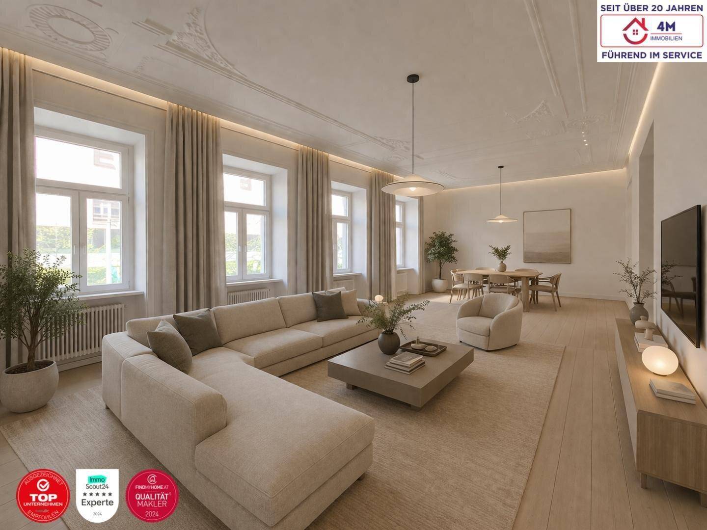 Modern eingerichteter Wohn-Essbereich mit eleganten Möbeln, hohen Decken und Stuckelementen.