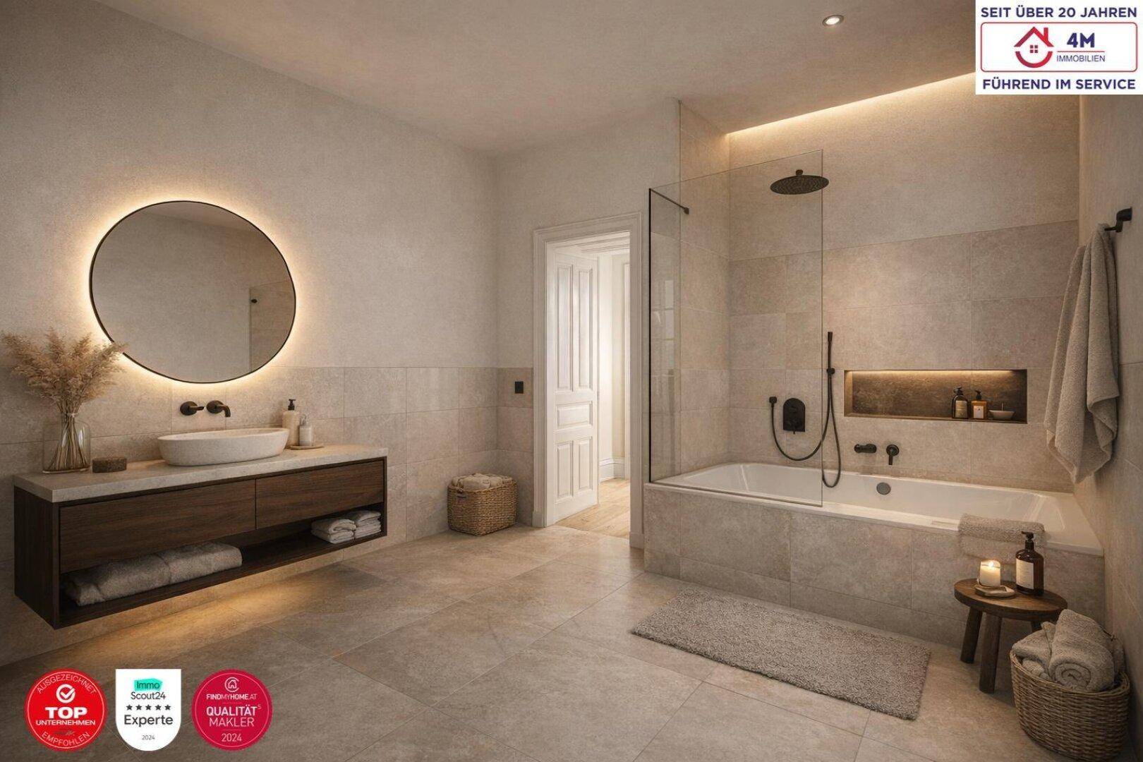 Modernes Badezimmer mit großer Badewanne, begehbarer Dusche und stilvollem Waschtisch.
