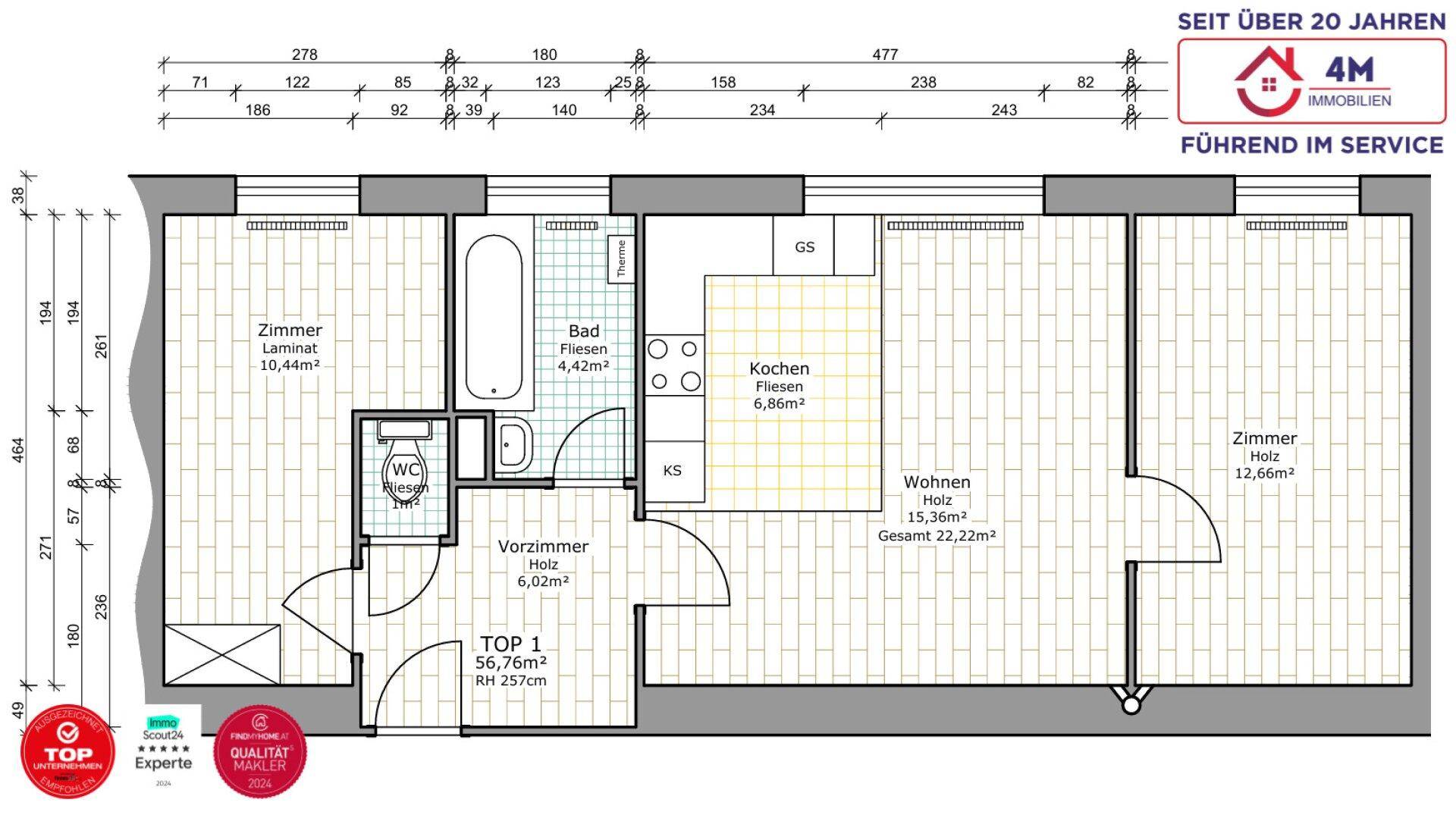 Grundriss der Wohnung mit Zimmern, Bad, WC, Küche und offenem Wohnbereich.
