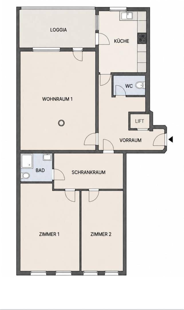 Detaillierter Grundriss der Wohnung mit Wohnraum, zwei Zimmern, Küche, Bad und Loggia.