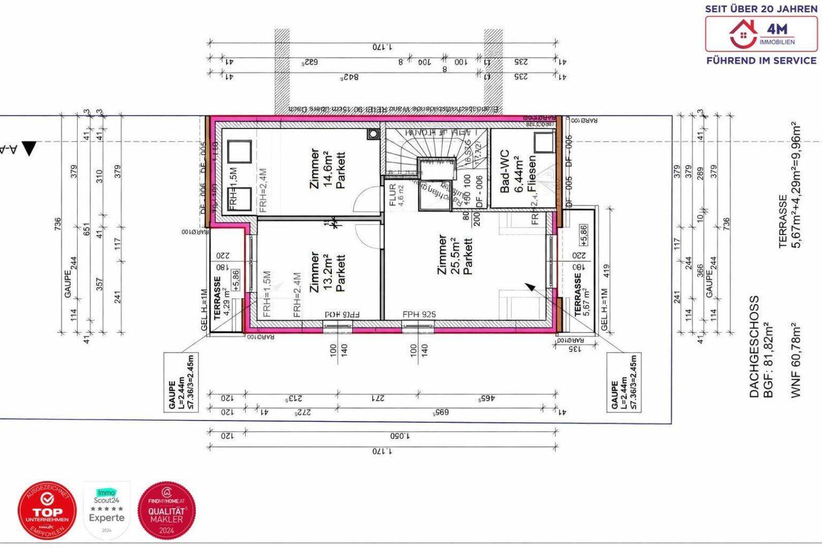 Grundriss des Dachgeschosses mit drei Zimmern, Bad, Gäste-WC und Terrasse, inklusive Flächenangaben.
