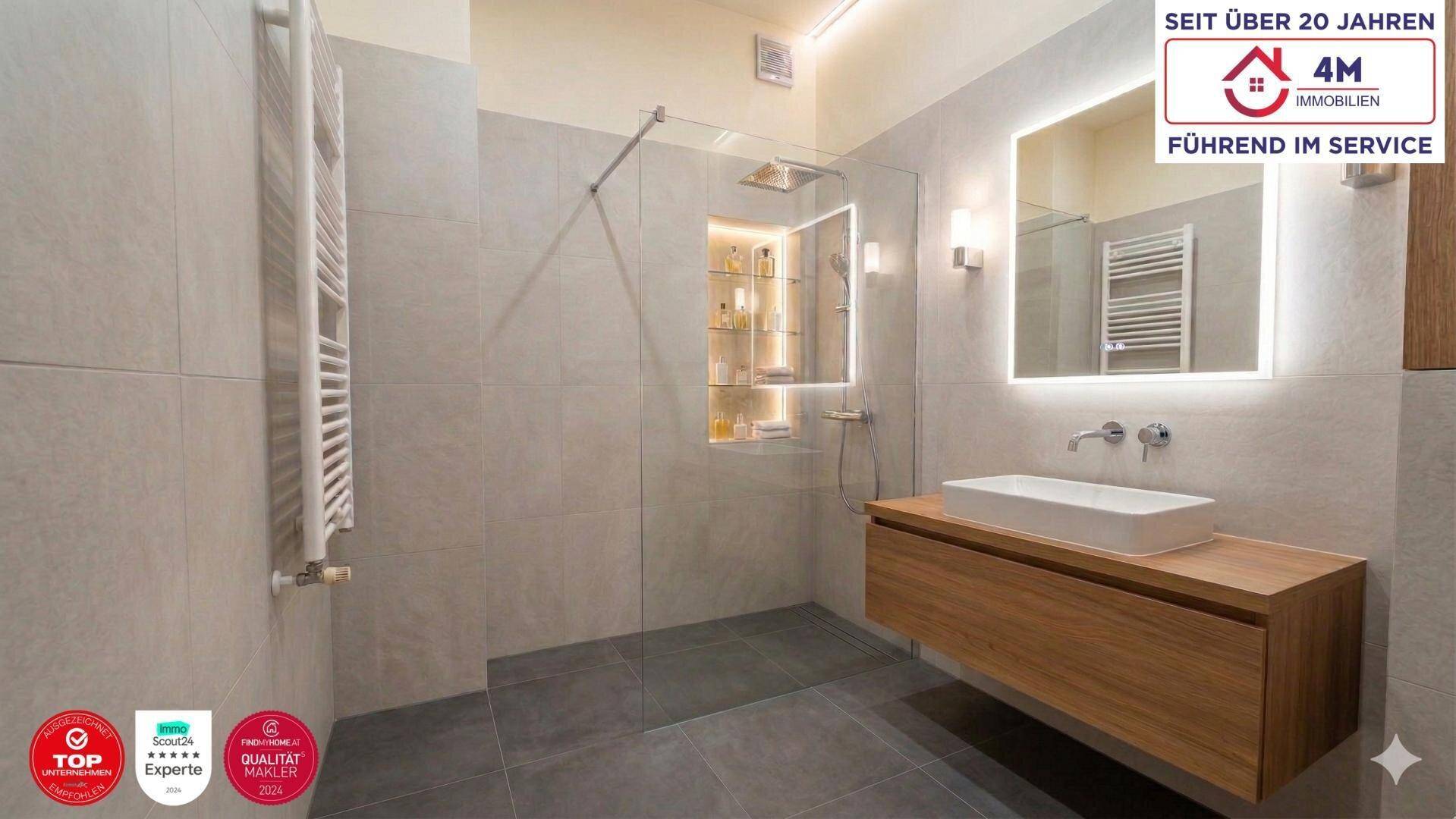 Modernes Badezimmer mit begehbarer Dusche, schwebendem Waschtisch und beheiztem Handtuchhalter.