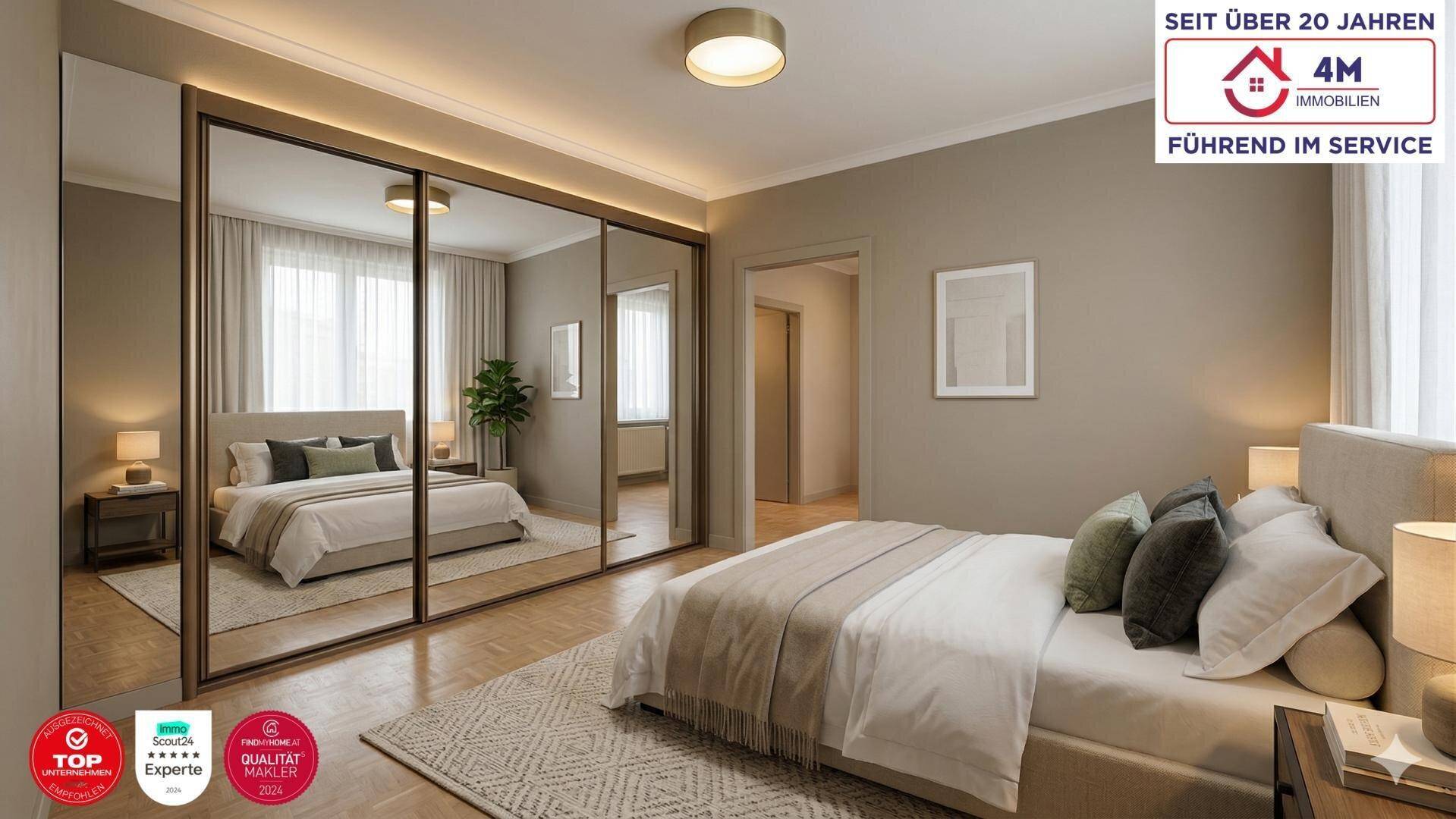 Elegantes Schlafzimmer mit großem Spiegelschrank, Doppelbett und Parkettboden.