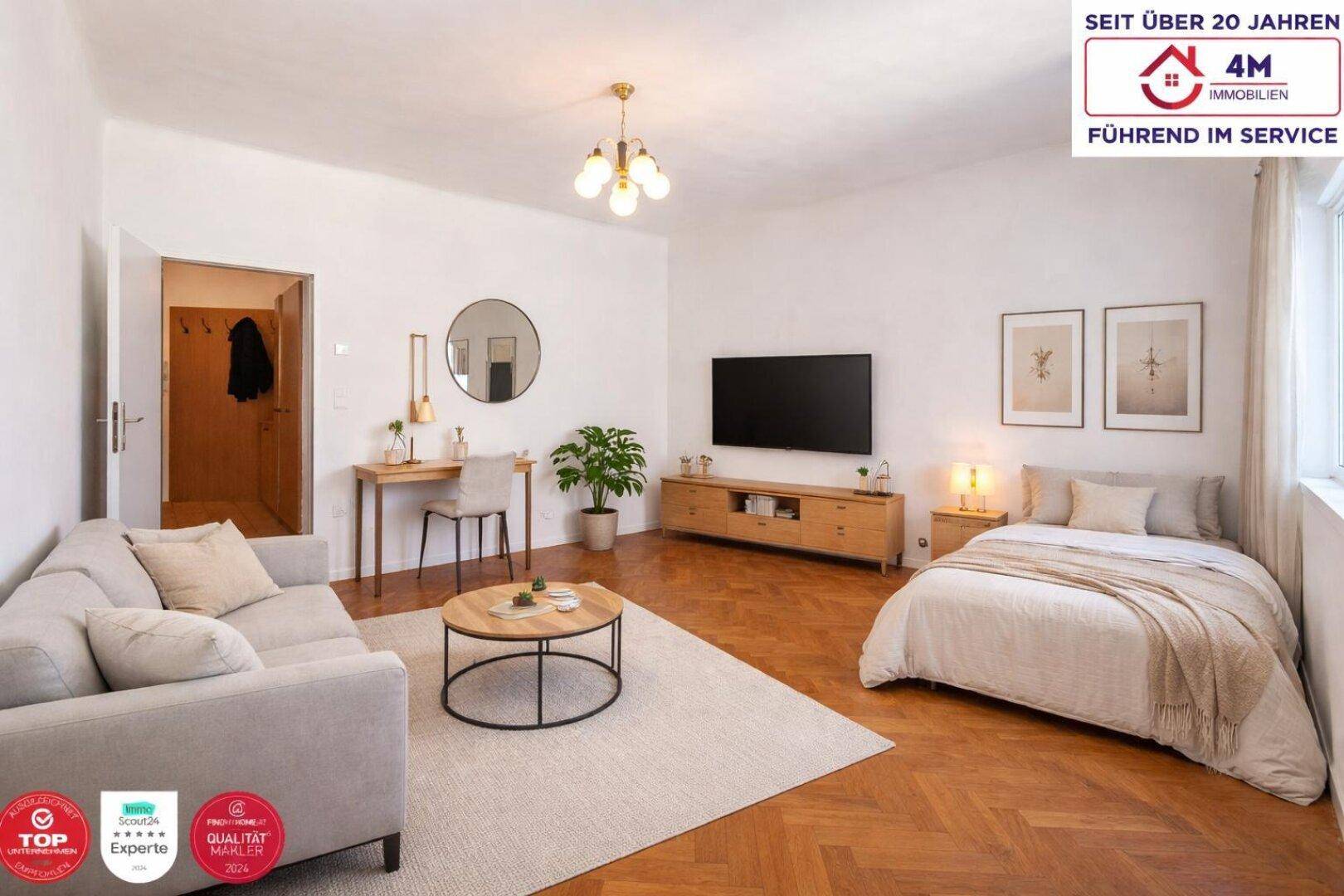 Gemütliches Schlafzimmer mit modernem Interieur, Parkettboden und offenem Zugang zum Flur.