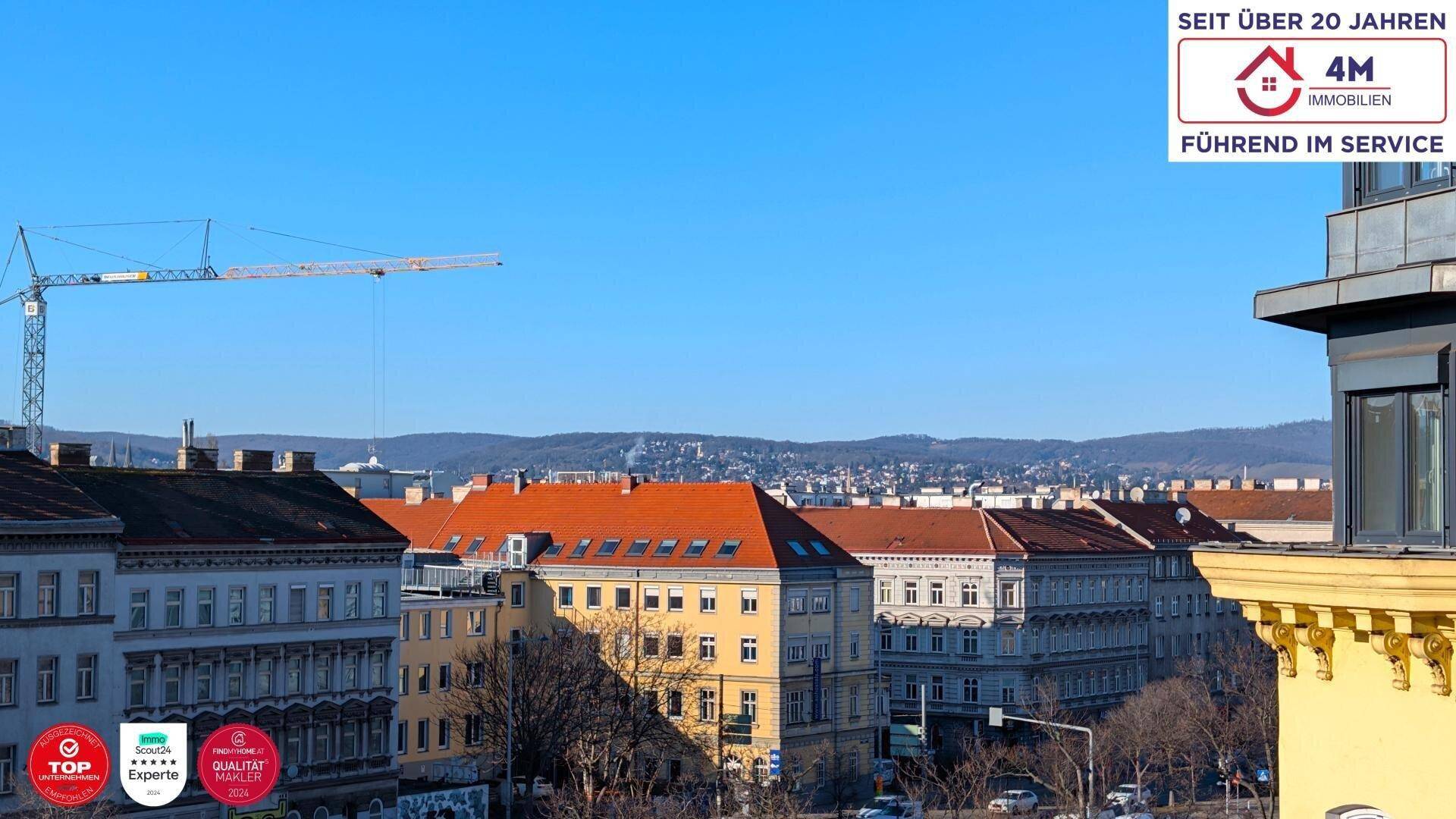 Panoramablick über die Stadt mit historischen Gebäuden und einem Baukran am Horizont.